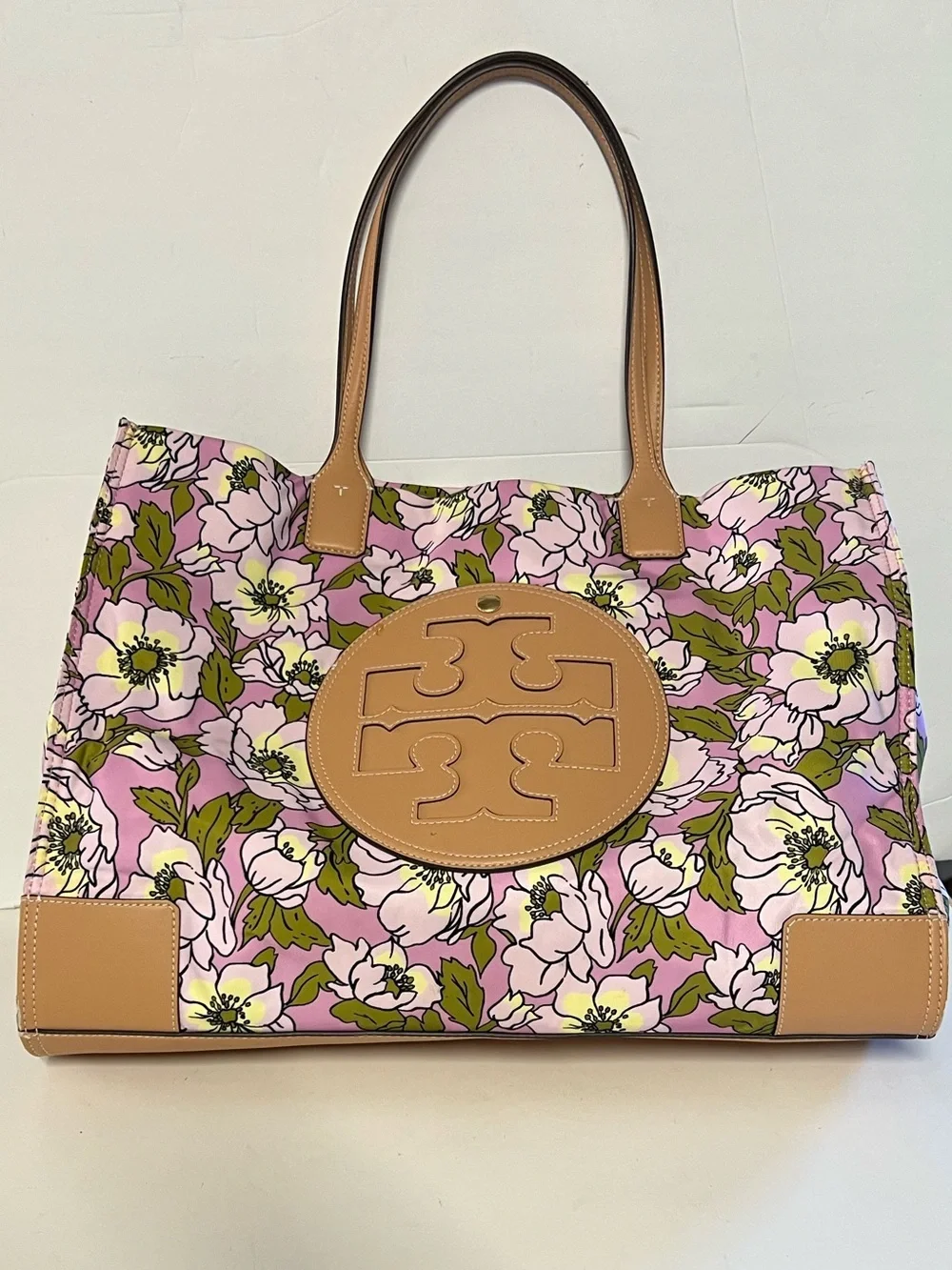 Tory Burch Pink Floral Tote with Tan Leather Trim